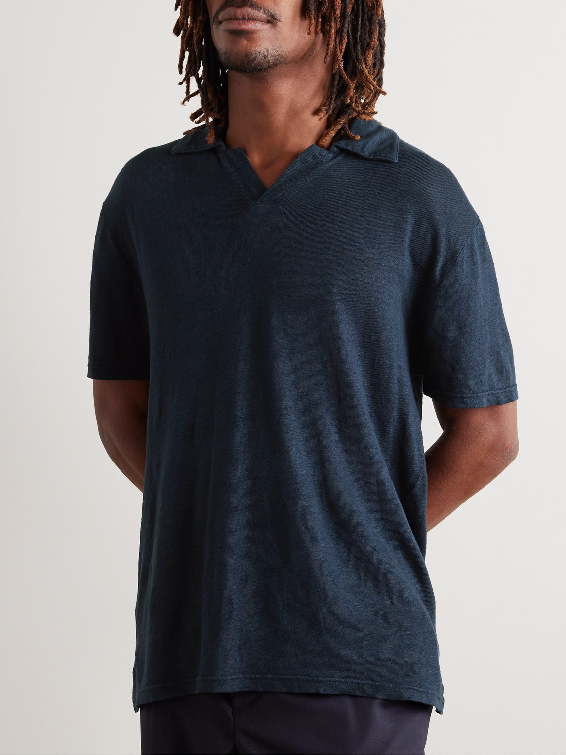 Shop Officine Generale Simon Garment-dyed Linen-blend Polo Shirt In Blue
