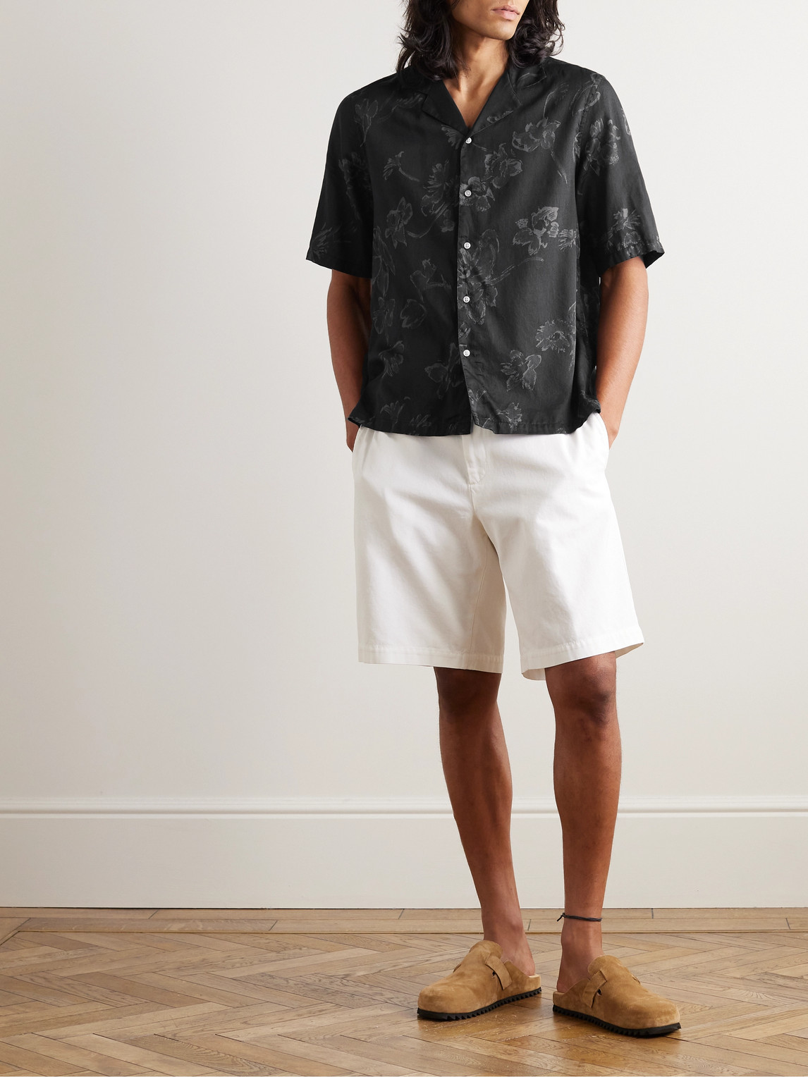Shop Officine Generale Eren Camp-collar Floral-print Cotton-poplin Shirt In Black