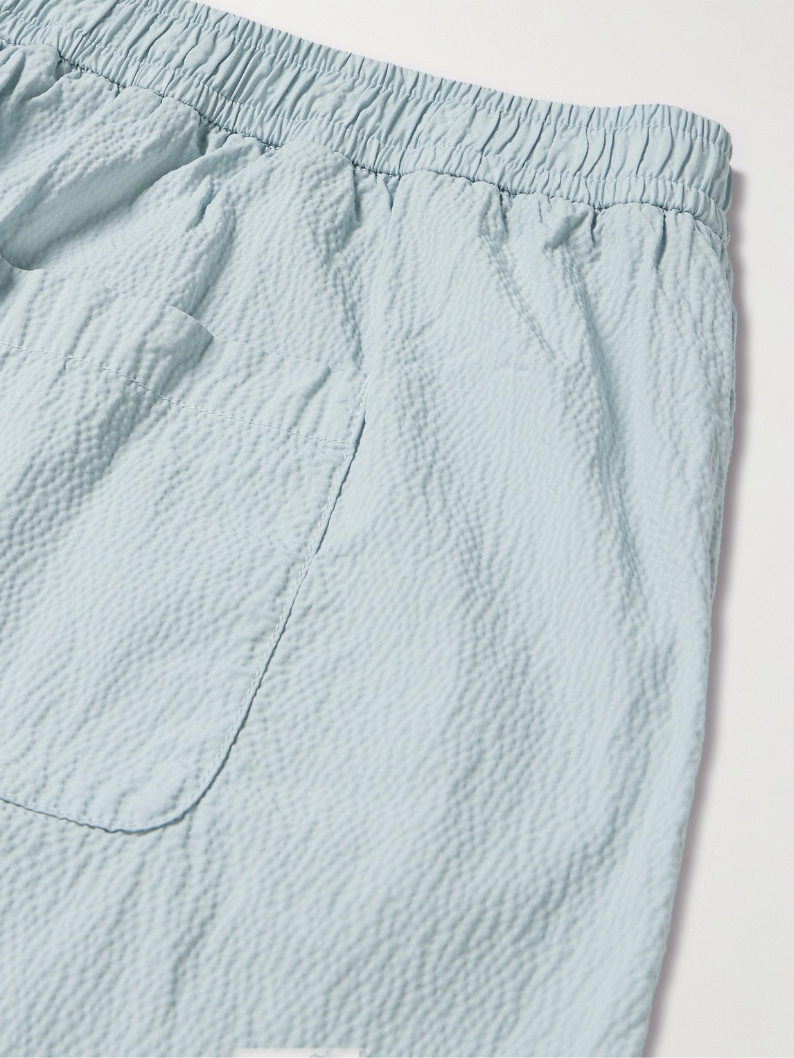 Shop Frescobol Carioca Sergio Straight-leg Cotton-blend Seersucker Drawstring Shorts In Blue