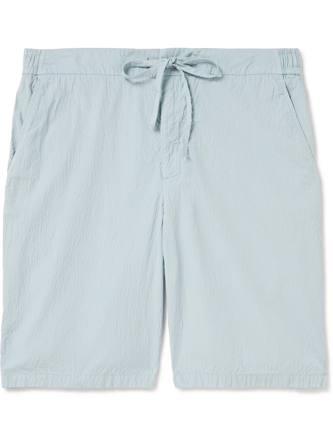 Shop Frescobol Carioca Sergio Straight-leg Cotton-blend Seersucker Drawstring Shorts In Blue