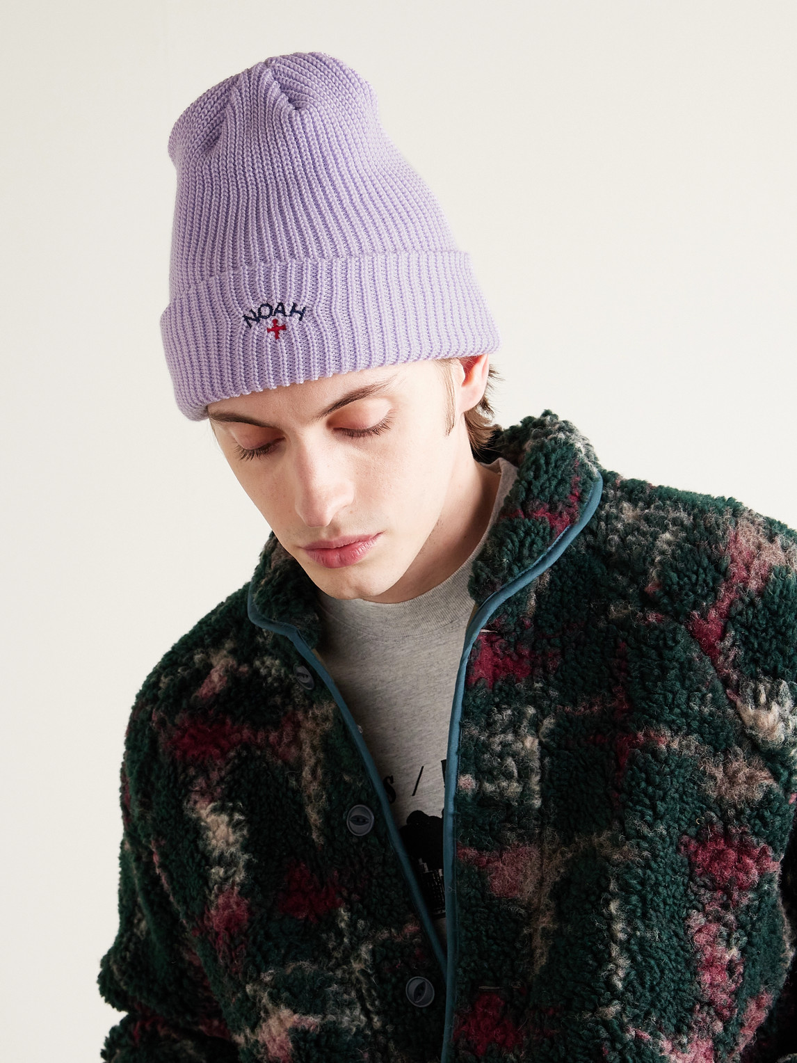 Shop Noah Core Logo-embroidered Ribbed-knit Beanie In Purple