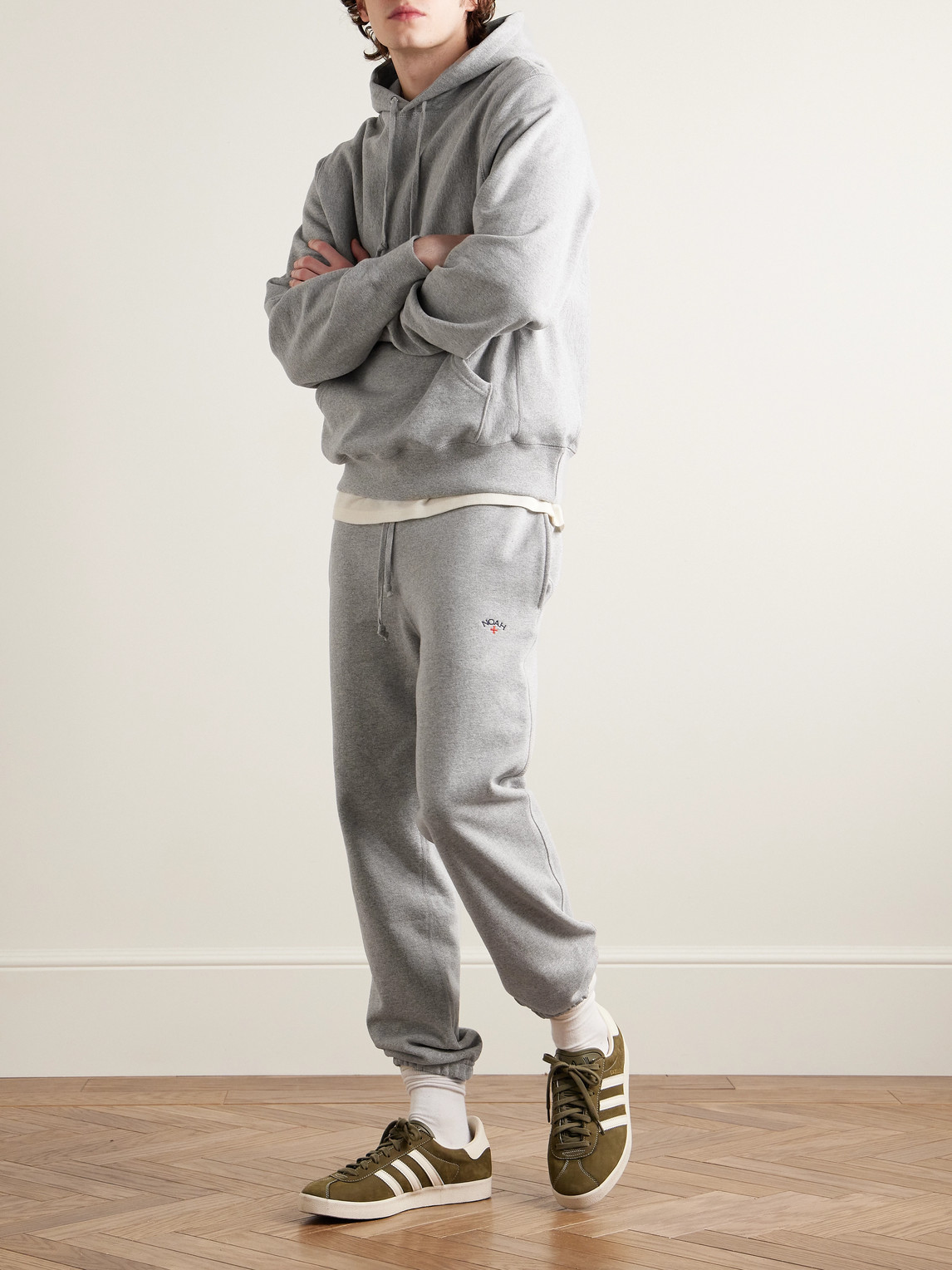 Shop Noah Core Tapered Logo-embroidered Cotton-jersey Sweatpants In Gray