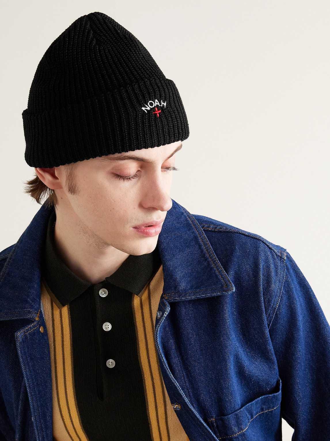 Shop Noah Core Logo-embroidered Ribbed-knit Beanie In Black
