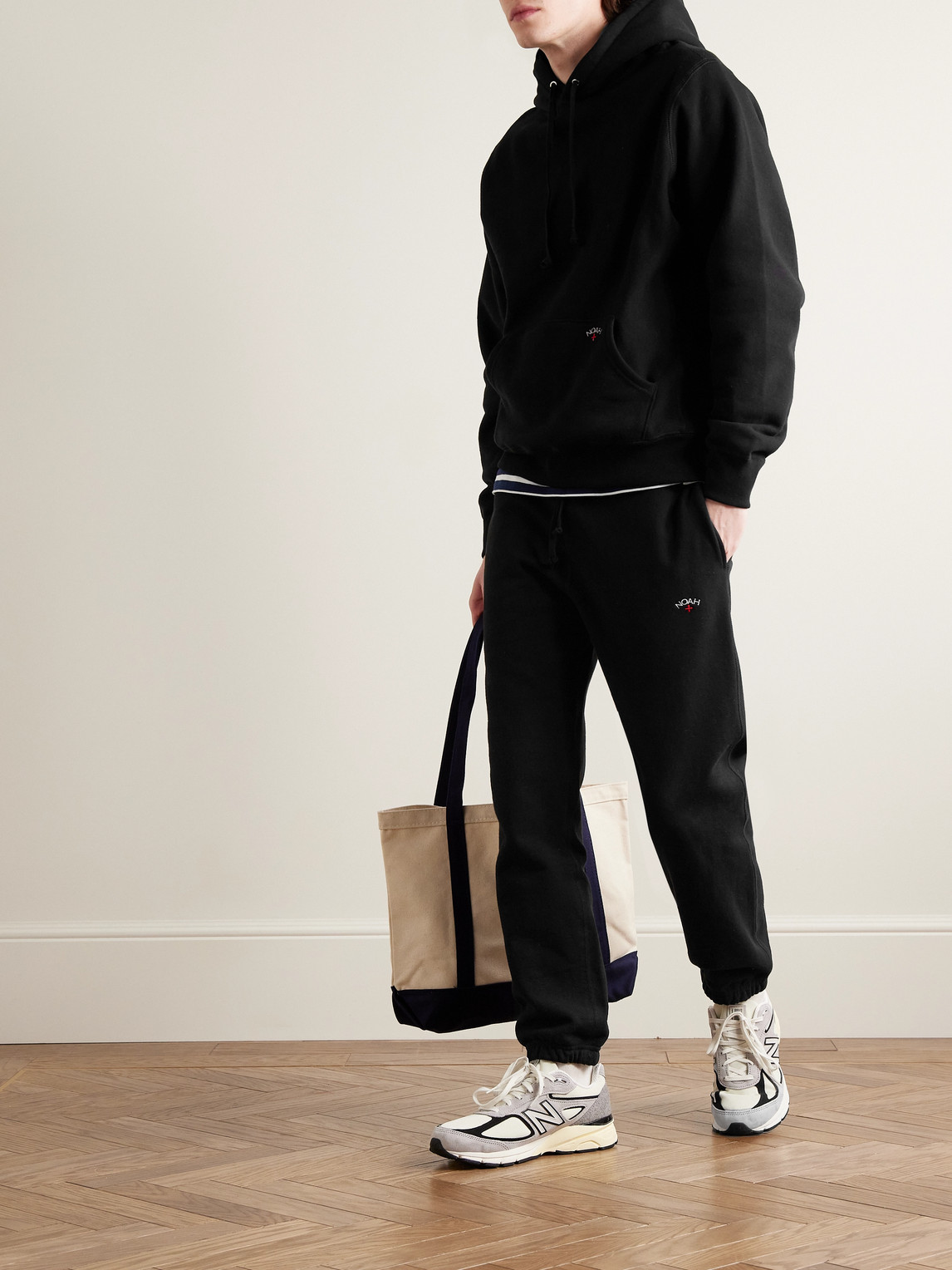 Shop Noah Core Tapered Logo-embroidered Cotton-jersey Sweatpants In Black