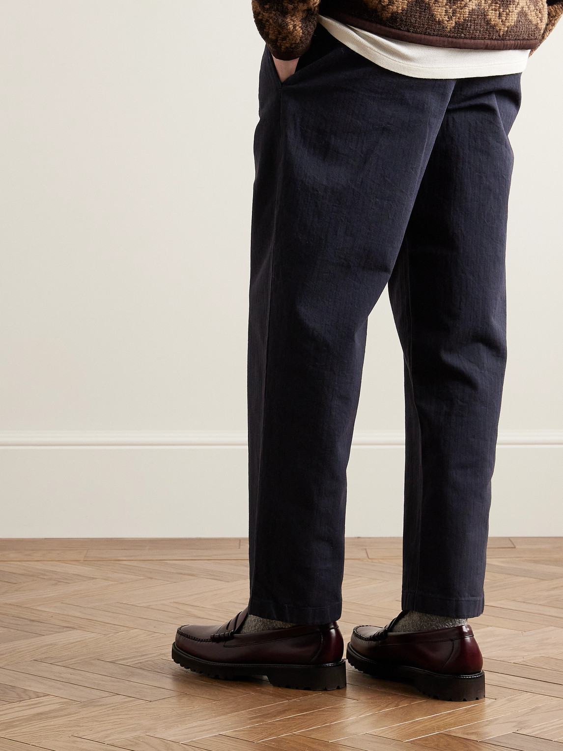 Noah Straight-leg Pleated Herringbone Cotton Trousers In Blue