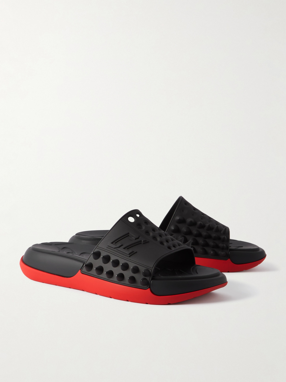 Shop Christian Louboutin Take It Easy Logo-embossed Cutout Spiked Rubber Slides In Black