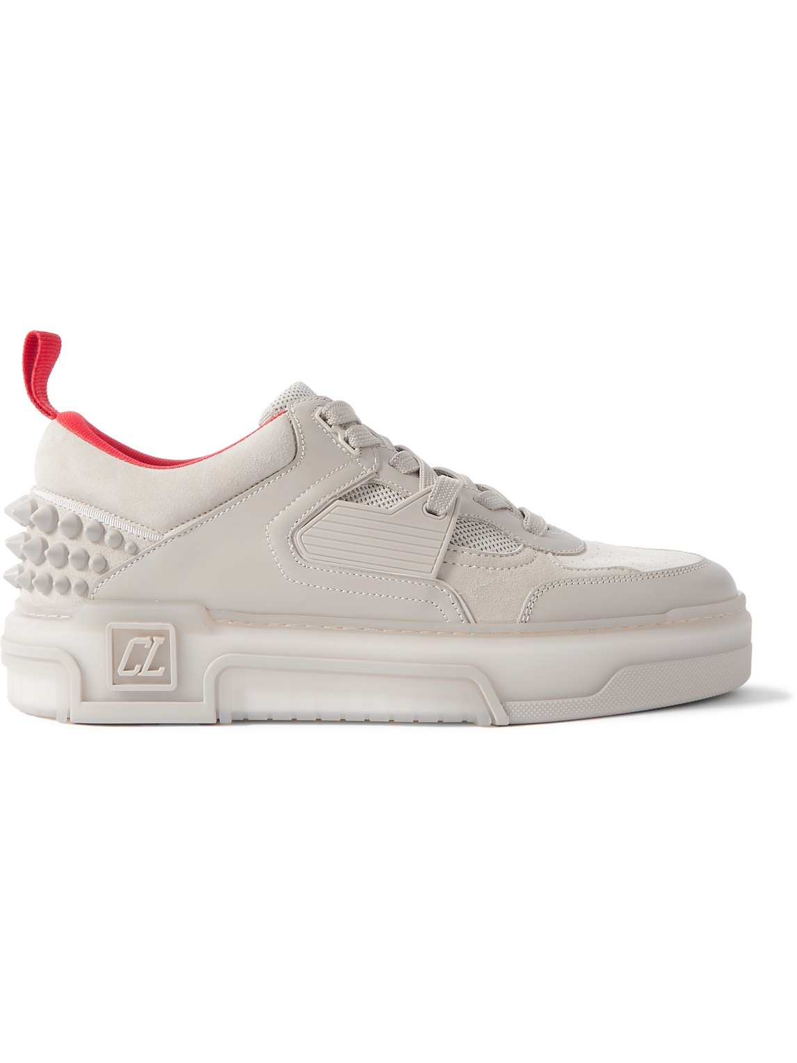 Christian Louboutin Astroloubi Spiked Leather, Suede And Mesh Trainers In Neutrals