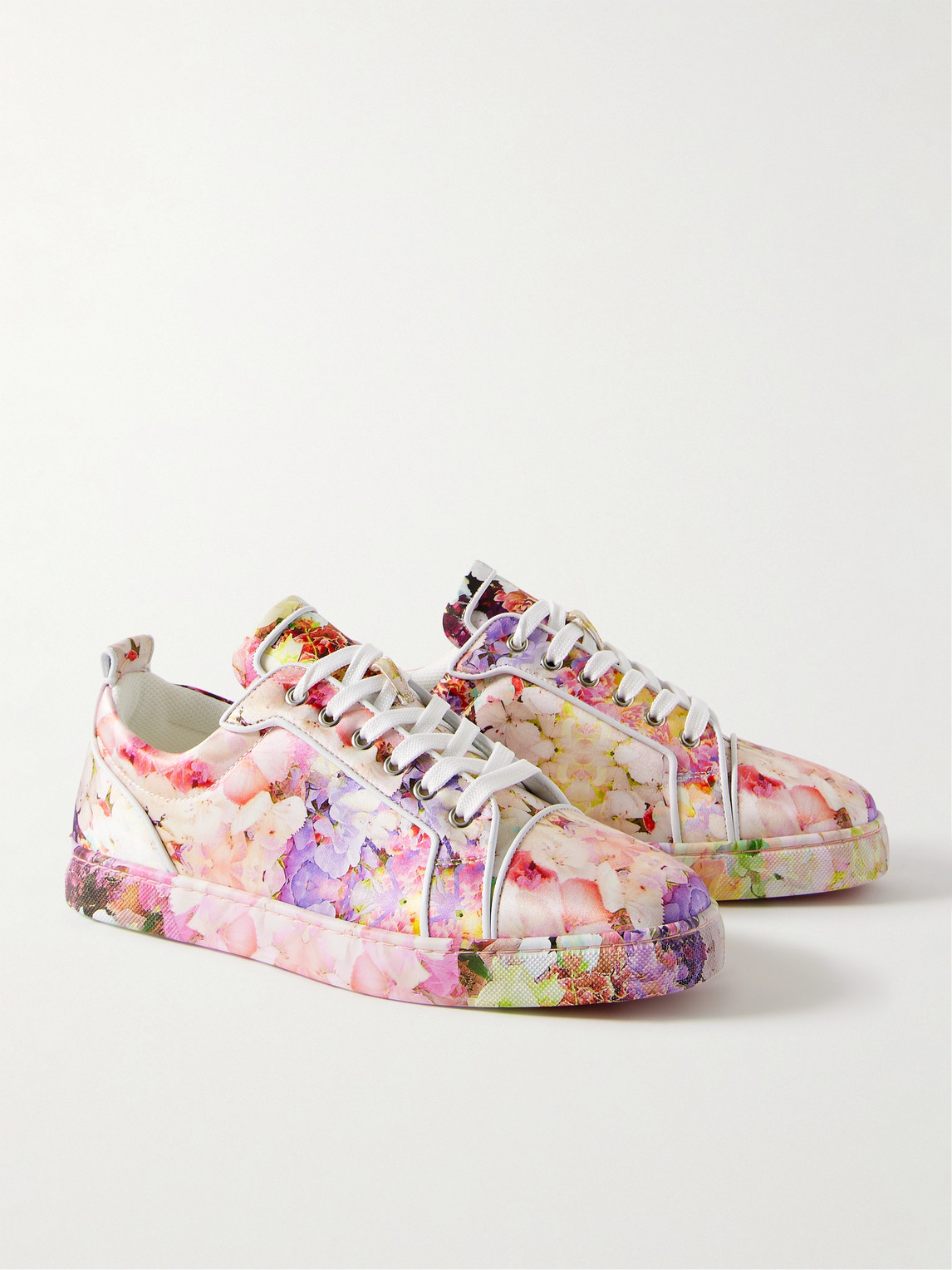 Shop Christian Louboutin Louis Junior Orlato Leather-trimmed Floral-print Satin-crepe Sneakers In Pink