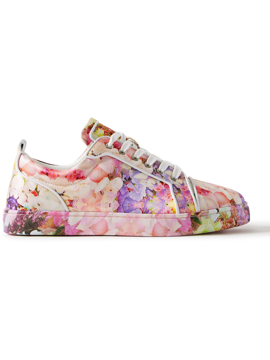Shop Christian Louboutin Louis Junior Orlato Leather-trimmed Floral-print Satin-crepe Sneakers In Pink