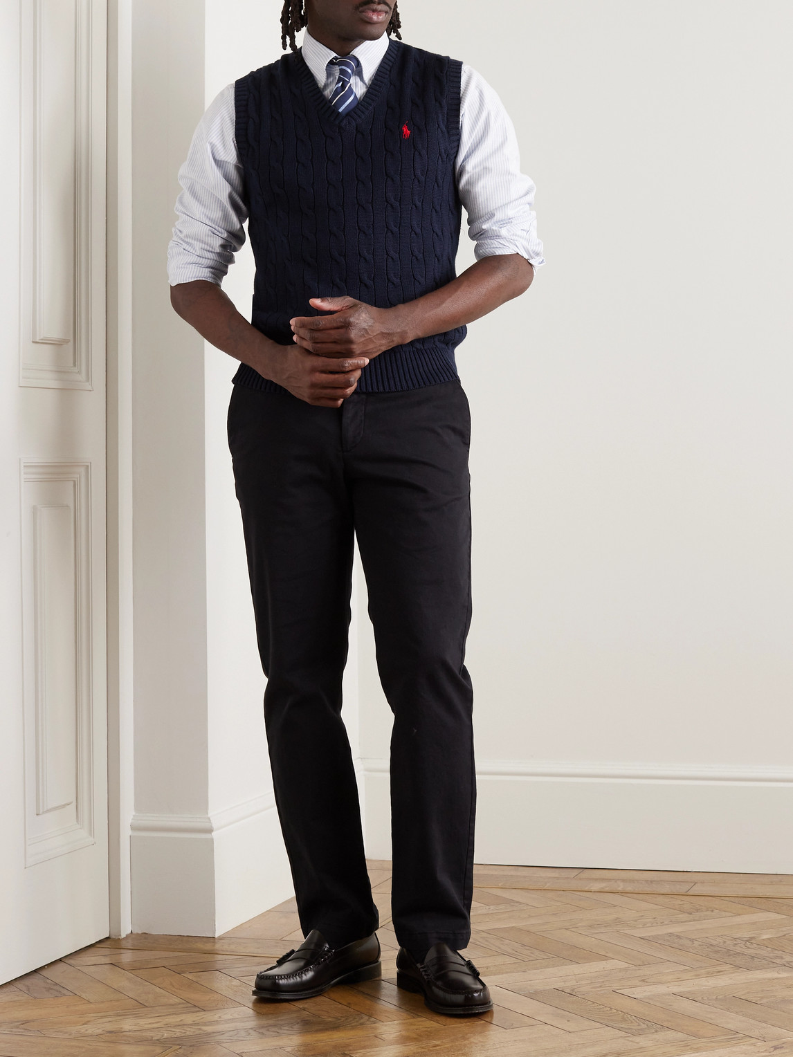 Shop Polo Ralph Lauren Slim-fit Logo-embroidered Cable-knit Cotton Sweater Vest In Blue
