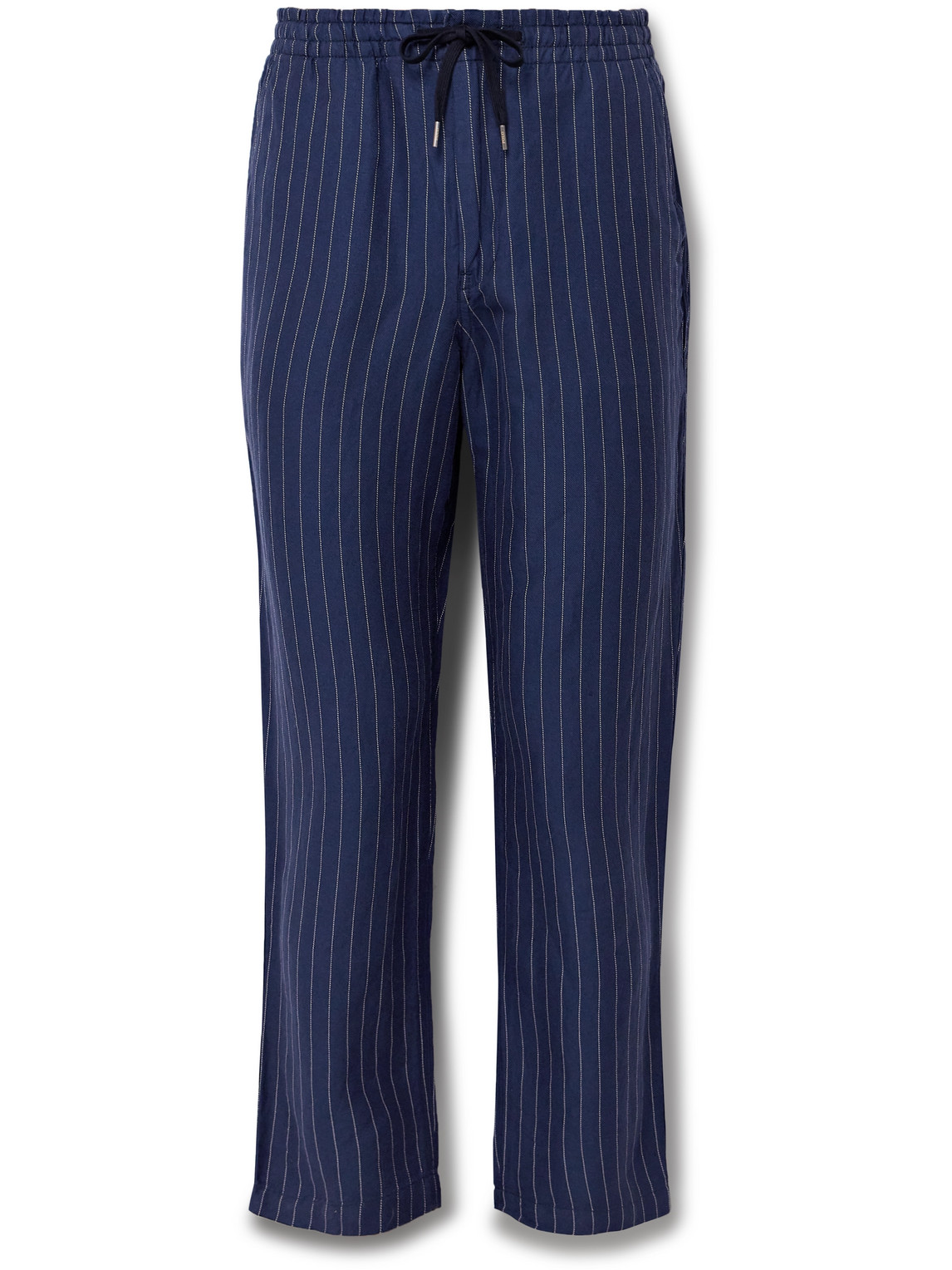 Shop Polo Ralph Lauren Prepster Slim-fit Striped Linen, Lyocell And Cotton-blend Drawstring Trousers In Blue