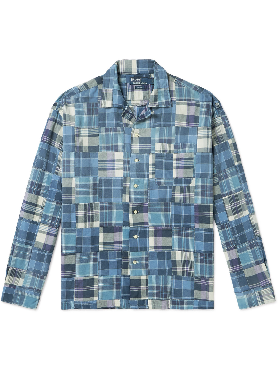 Shop Polo Ralph Lauren Convertible-collar Patchwork Checked Cotton-madras Shirt In Blue