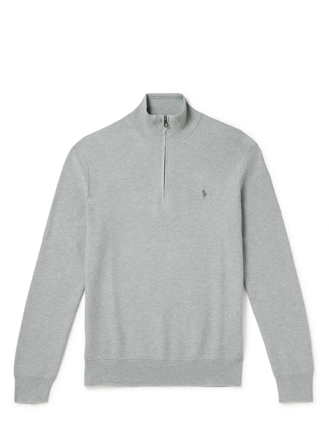 Polo Ralph Lauren Logo-embroidered Honeycomb-knit Cotton Half-zip Jumper In Grey