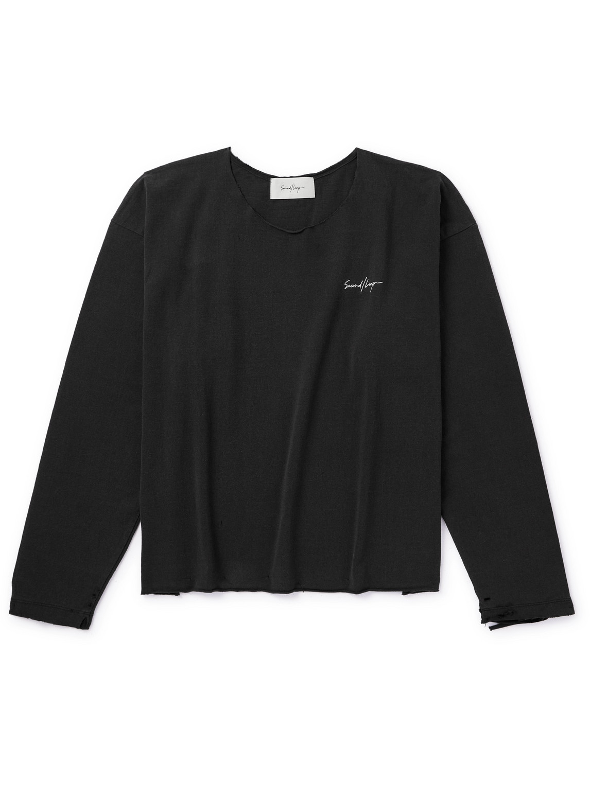 Shop Second / Layer Cropped Distressed Logo-embroidered Cotton-jersey T-shirt In Black