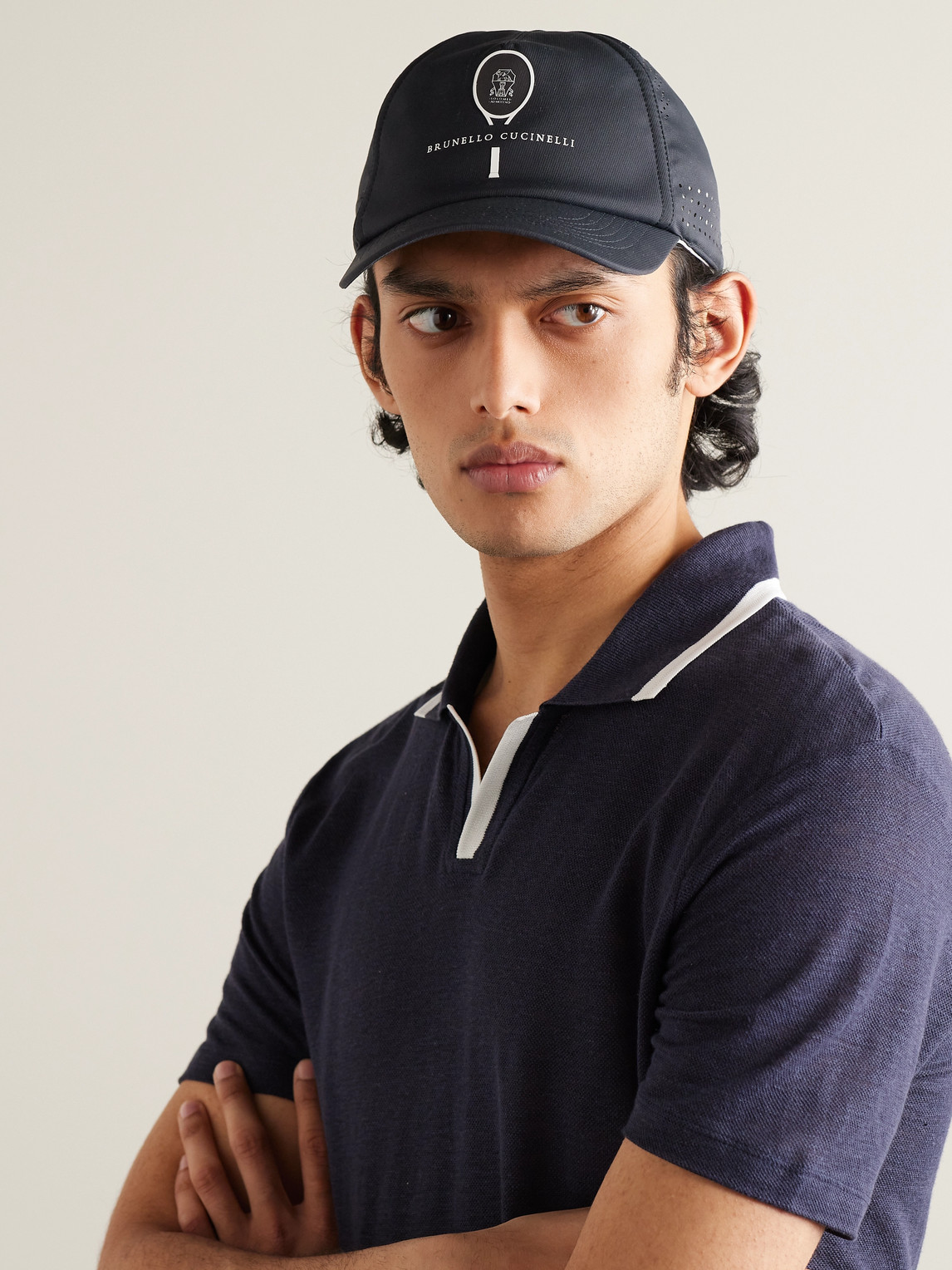 Brunello Cucinelli Perforated Logo-print Stretch-shell Baseball Cap In Blue