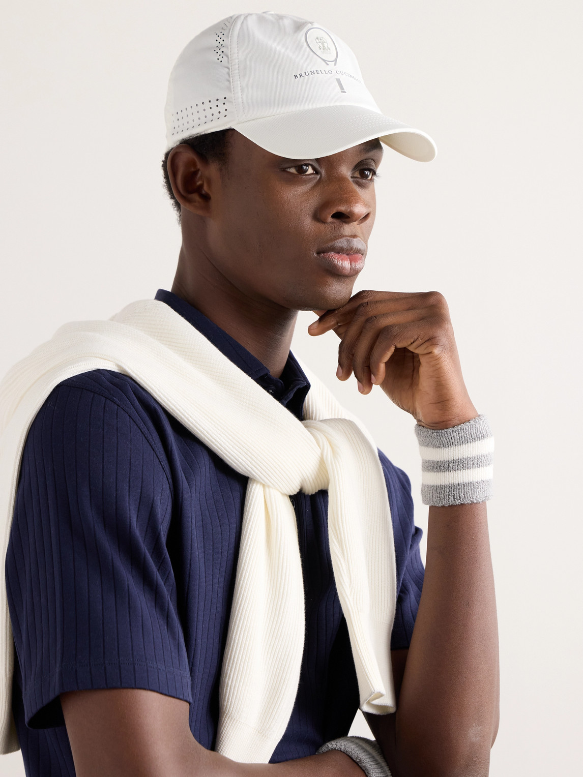 Brunello Cucinelli Perforated Logo-print Stretch-shell Baseball Cap In White