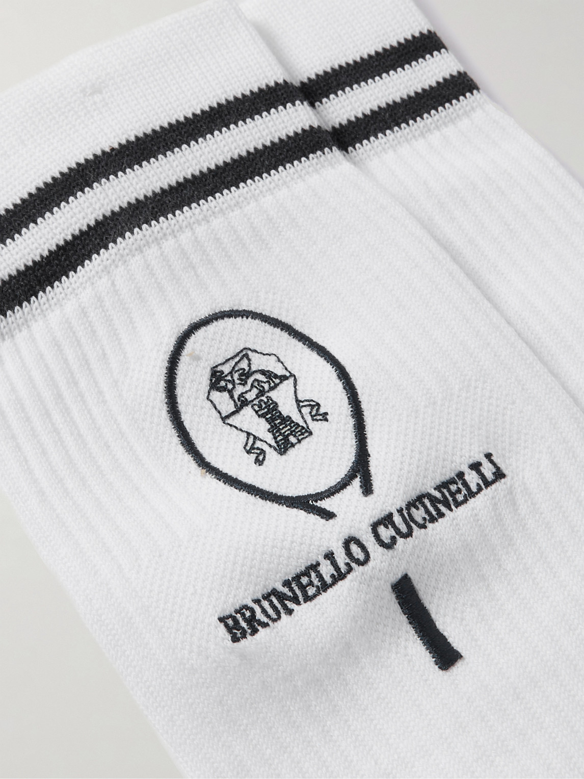 Shop Brunello Cucinelli Logo-embroidered Striped Ribbed Cotton-blend Socks In White