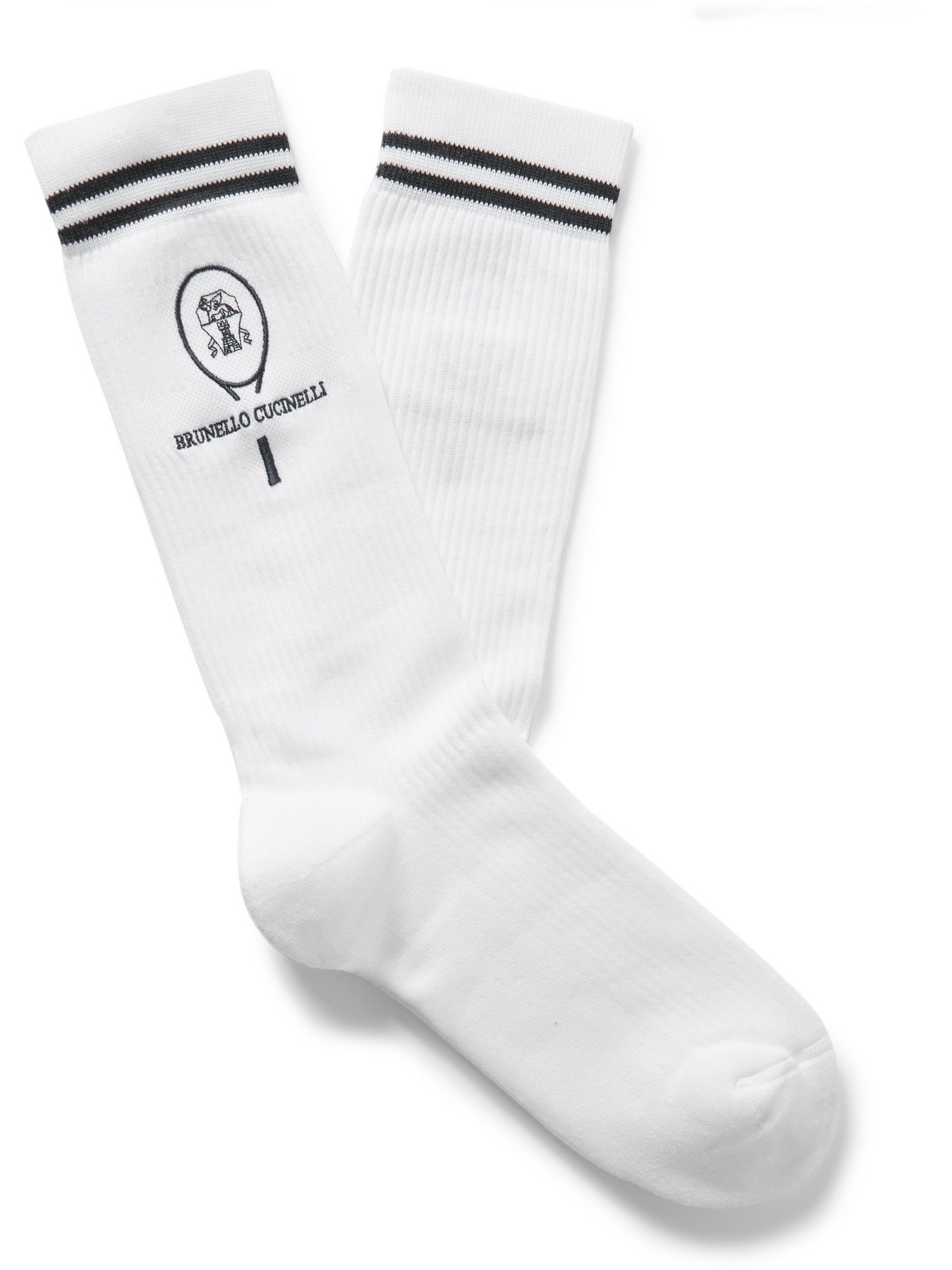 Logo-Embroidered Striped Ribbed Cotton-Blend Socks