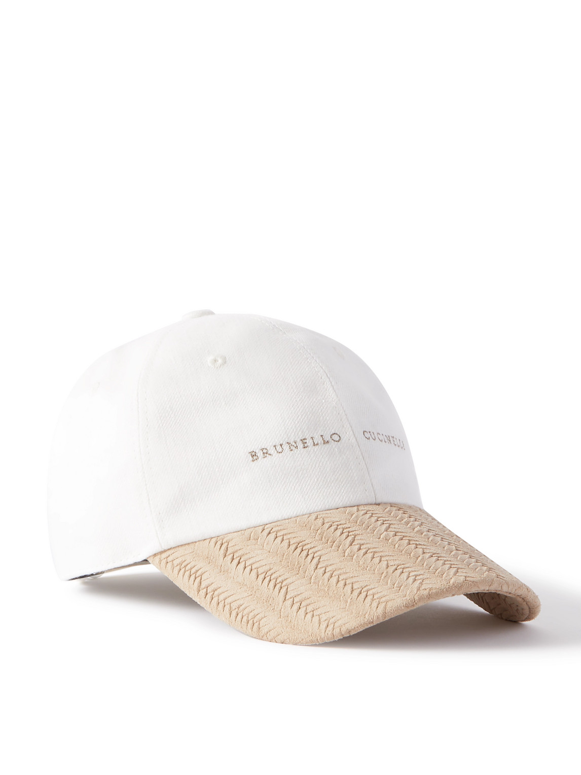 Shop Brunello Cucinelli Logo-embroidered Woven Suede And Linen-denim Baseball Cap In White