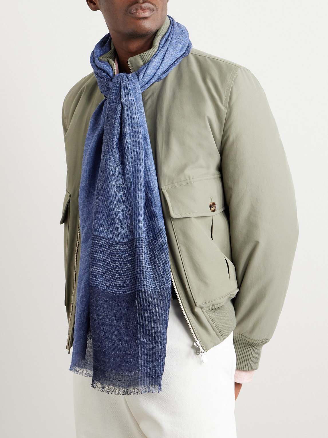 Shop Brunello Cucinelli Colour-block Silk And Linen-blend Scarf In Blue