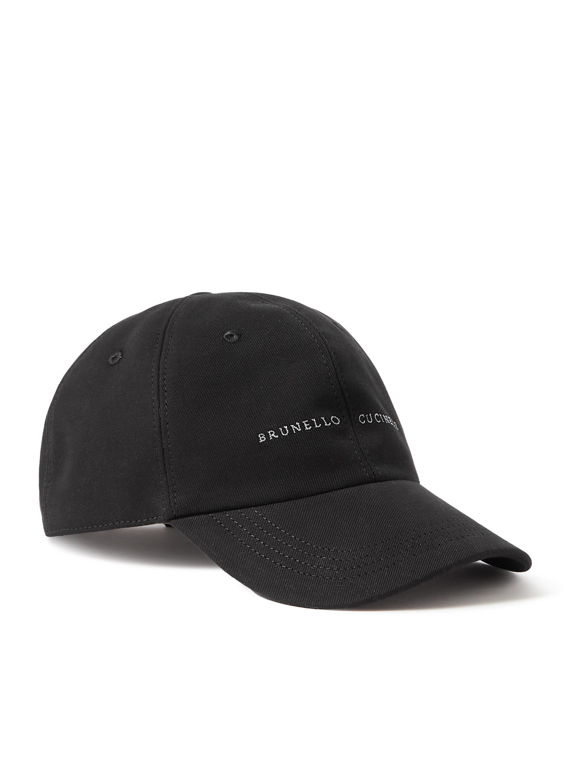 Shop Brunello Cucinelli Logo-embroidered Leather-trimmed Cotton-gabardine Baseball Cap In Black