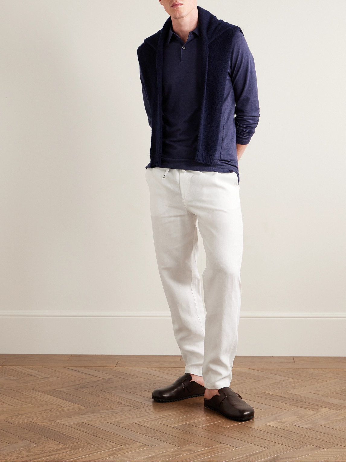 Shop Derek Rose Sydney 1 Slim-fit Linen Drawstring Trousers In White