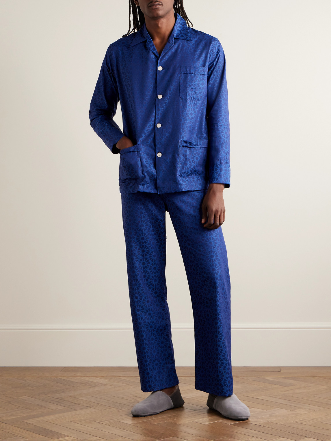 Shop Derek Rose Paris 26 Cotton-jacquard Pyjama Set In Blue