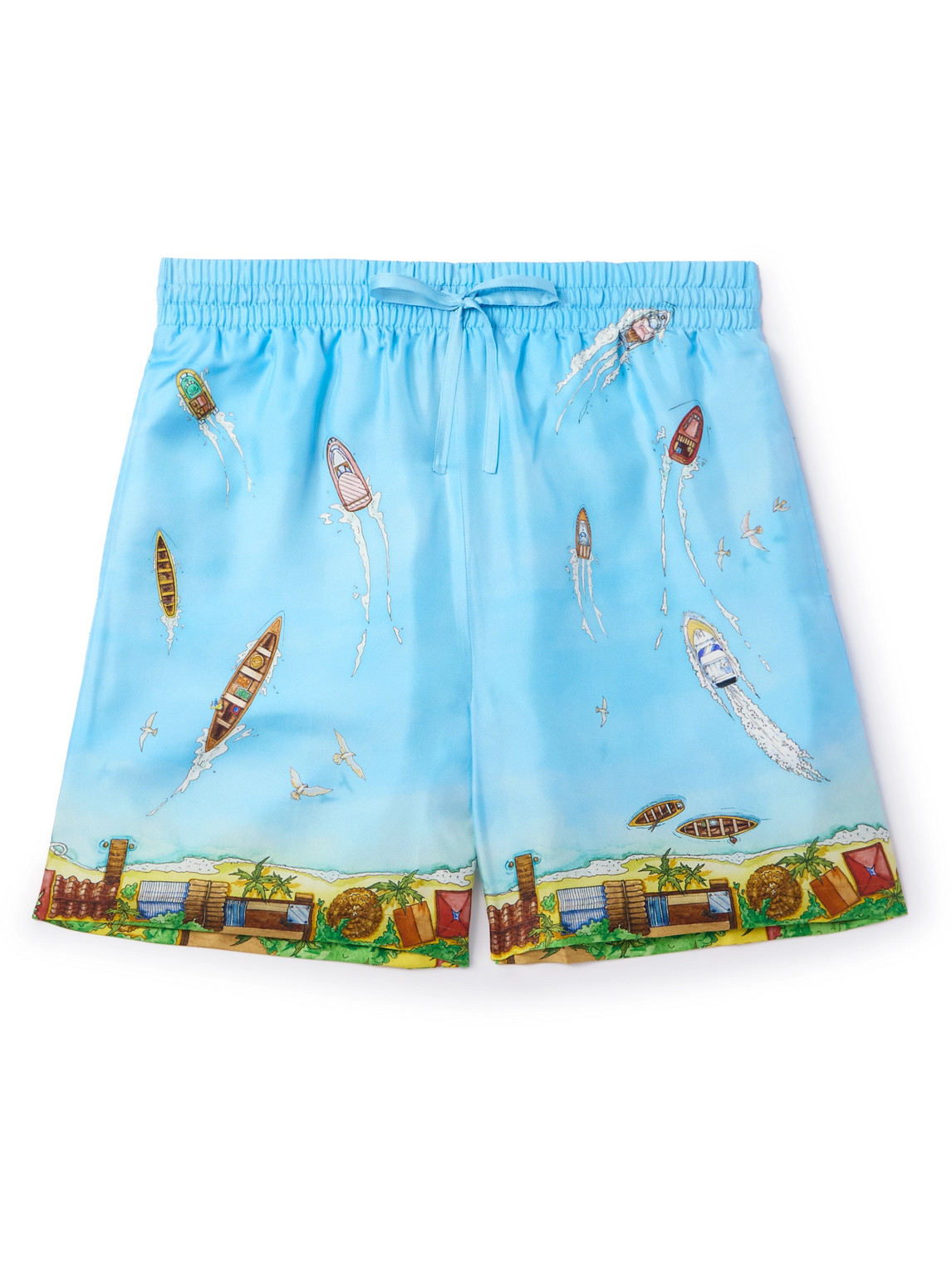 Shop Casablanca Maison Sur Piloti Straight-leg Printed Silk-twill Drawstring Shorts In Blue