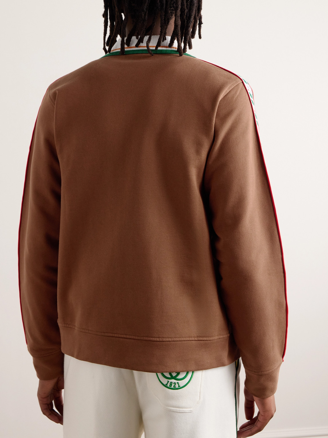 Shop Casablanca Laurel Logo-appliquéd Embroidered Organic Cotton-jersey Zip-up Cardigan In Brown