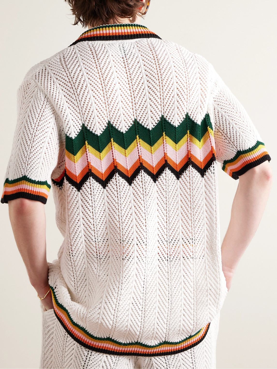 Shop Casablanca Camp-collar Logo-appliquéd Striped Crocheted Cotton Shirt In White