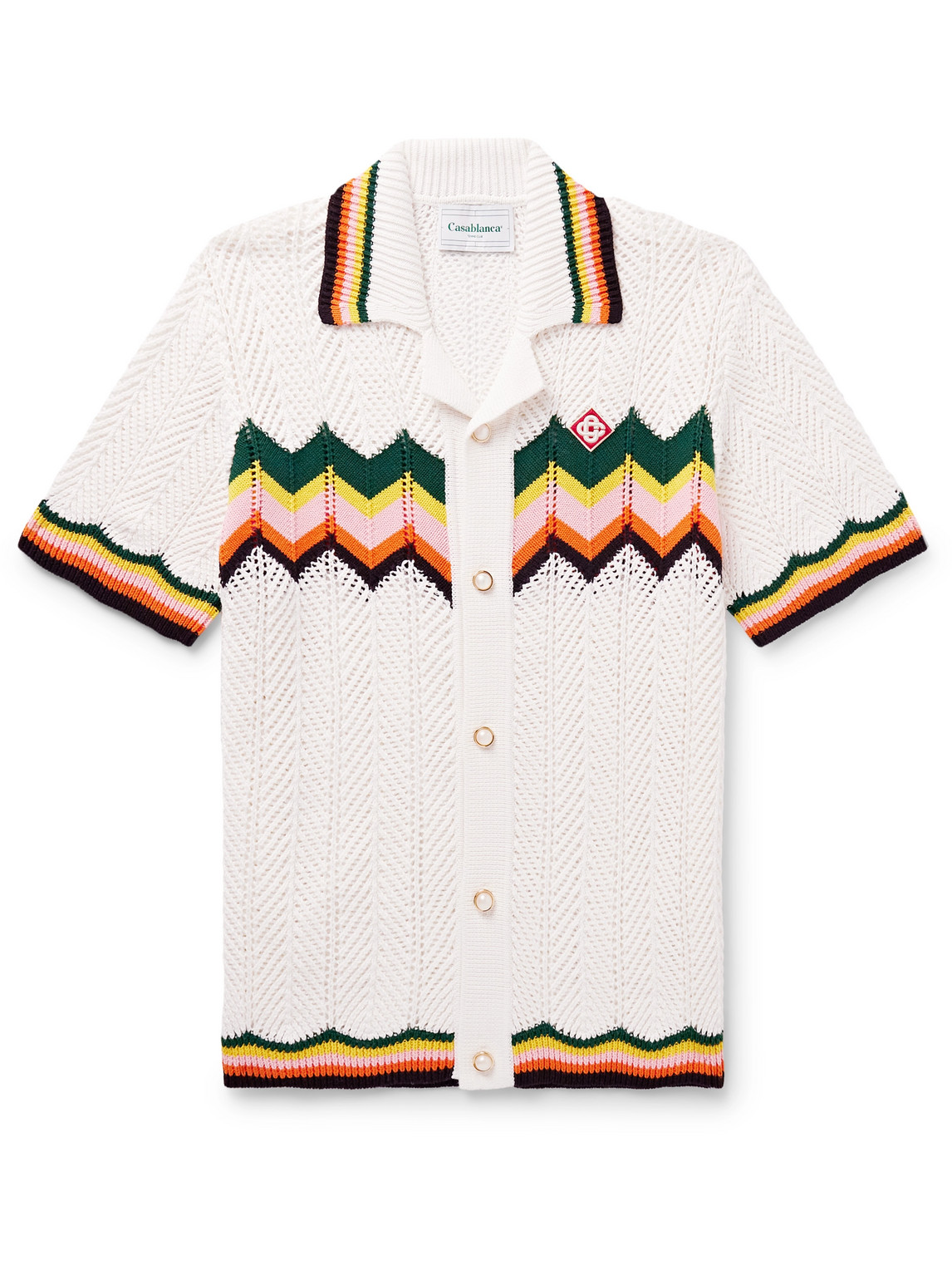 Shop Casablanca Camp-collar Logo-appliquéd Striped Crocheted Cotton Shirt In White
