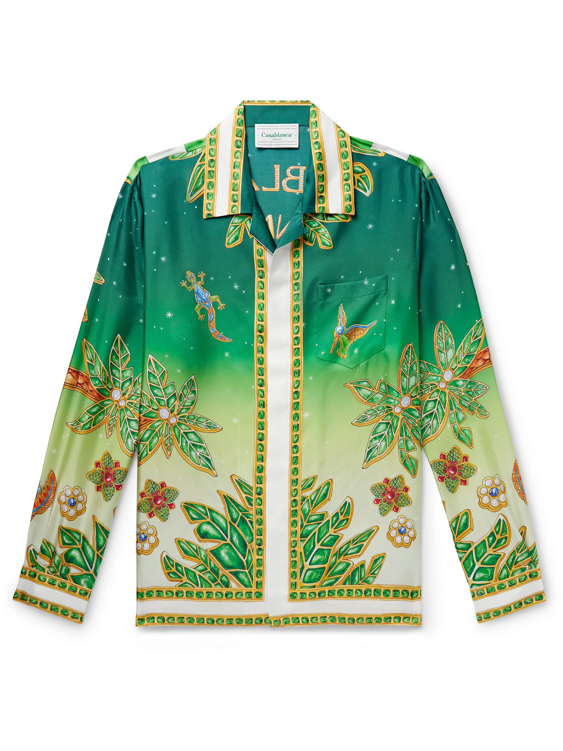 Shop Casablanca Joyaux D'afrique Convertible-collar Logo-print Silk-twill Shirt In Green