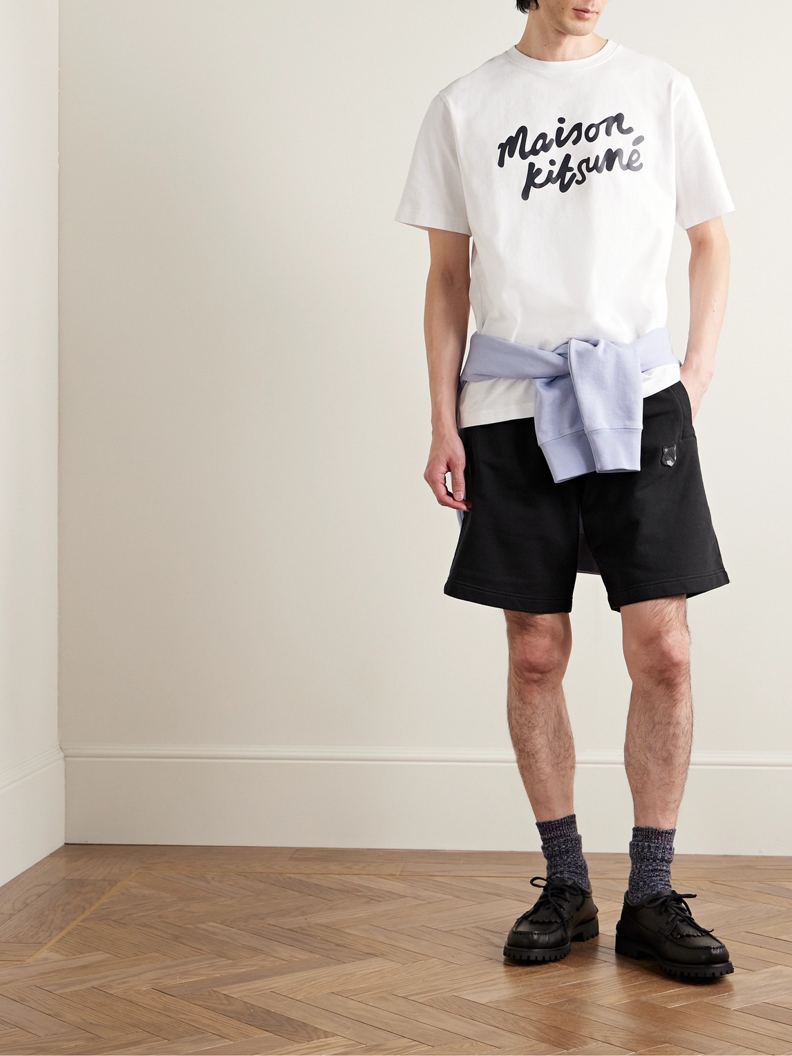 Shop Maison Kitsuné Straight-leg Logo-appliquéd Cotton-jersey Drawstring Shorts In Black