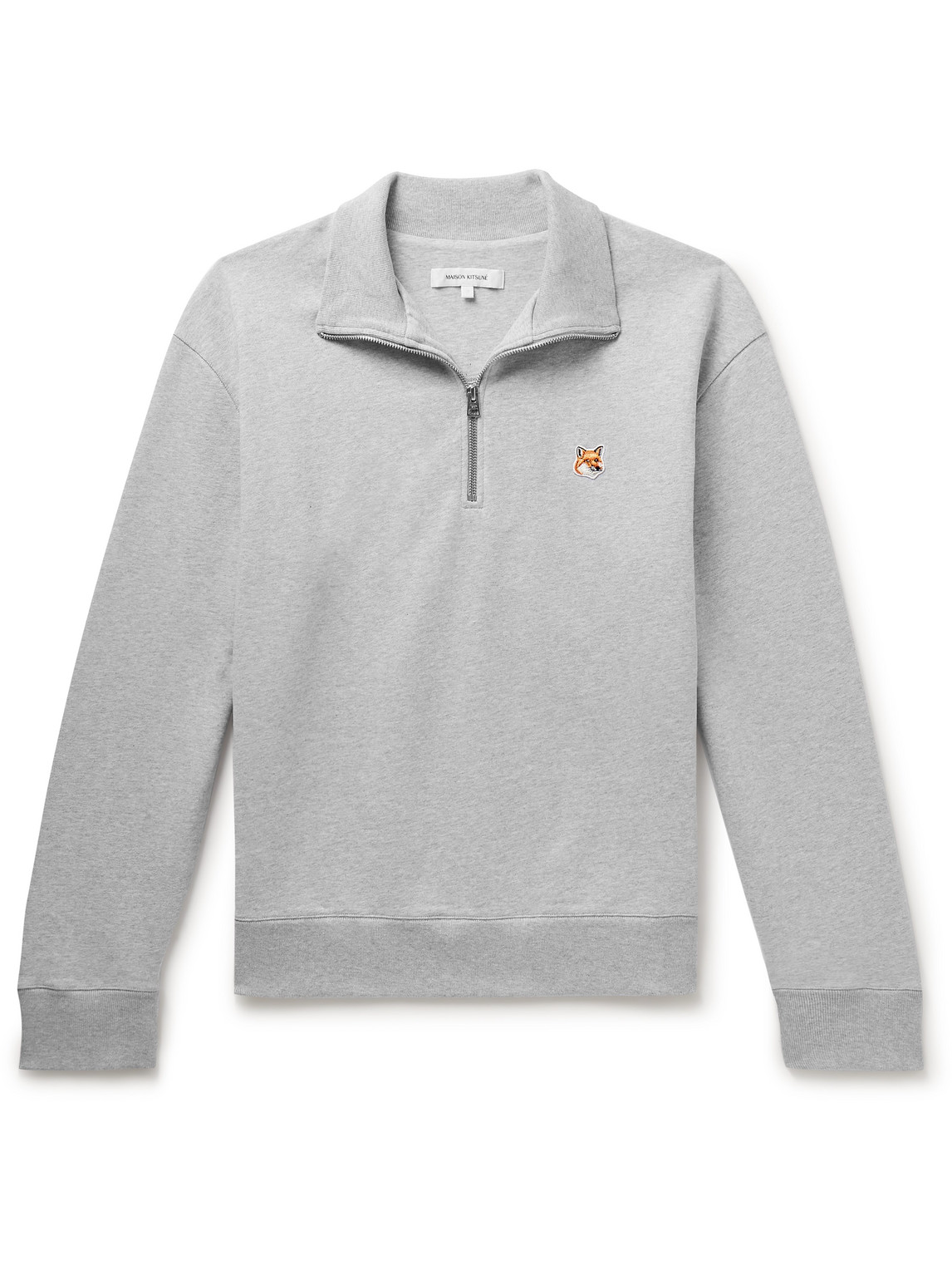 Maison Kitsuné Logo-appliquéd Cotton-jersey Half-zip Sweatshirt In Grey