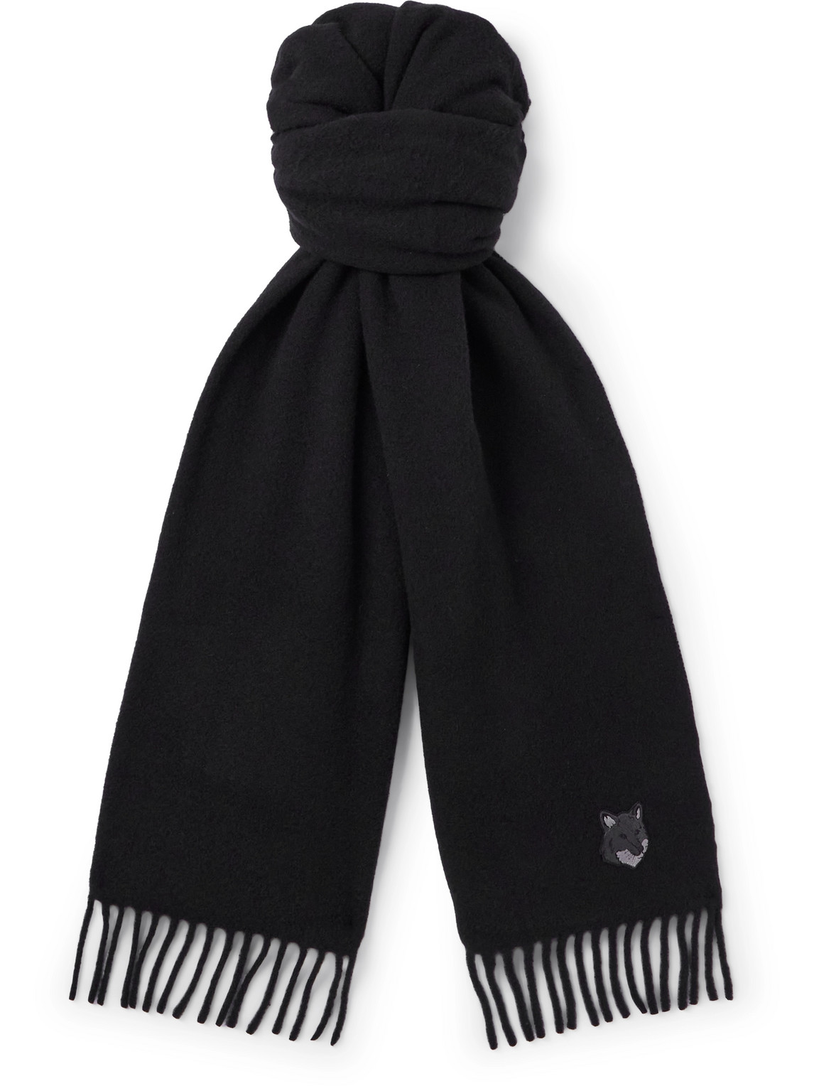 Maison Kitsuné Logo-embroidered Fringed Wool Scarf In Black