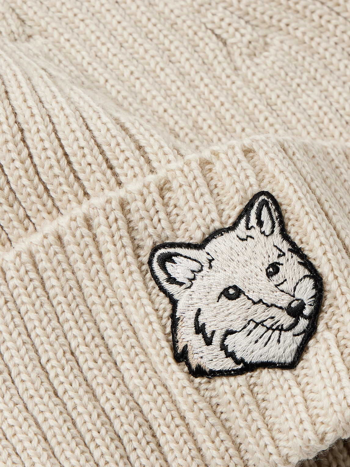 Shop Maison Kitsuné Logo-appliquéd Ribbed Wool Beanie In Neutrals