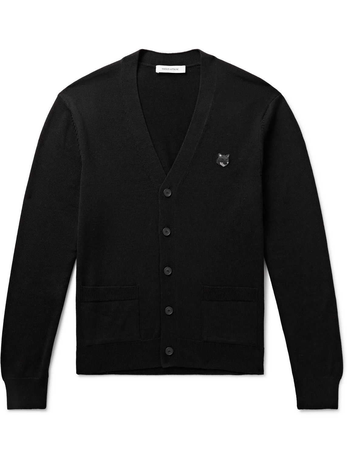 Maison Kitsuné Slim-fit Logo-appliquéd Wool Cardigan In Black