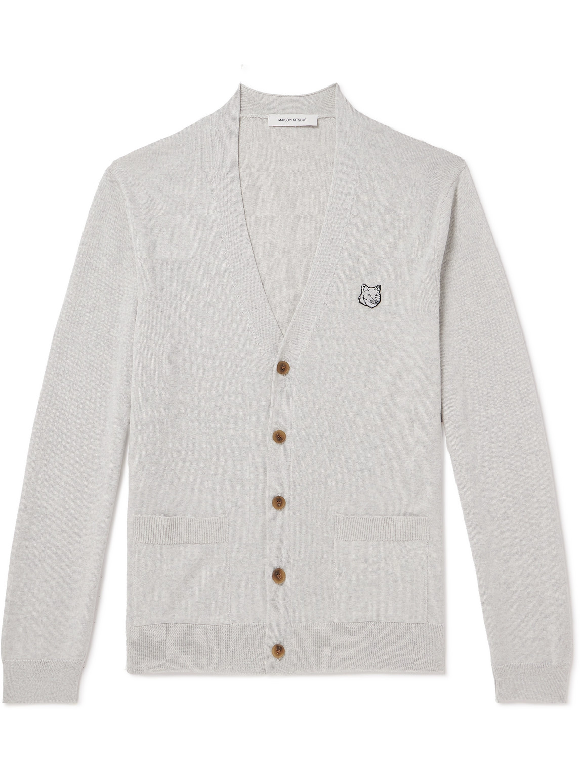 Shop Maison Kitsuné Slim-fit Logo-appliquéd Wool Cardigan In Gray