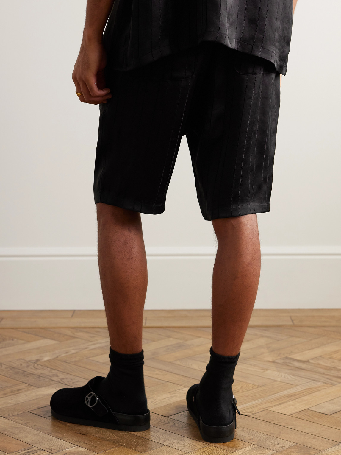Shop Needles Straight-leg Logo-embroidered Striped Georgette Shorts In Black