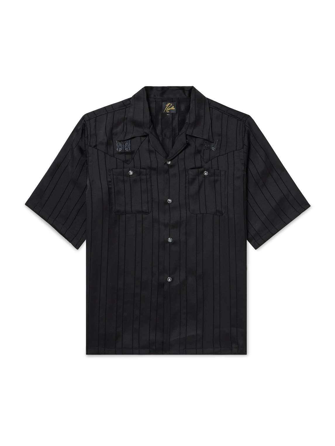 Needles Camp-collar Logo-embroidered Striped Georgette Western Shirt In Black