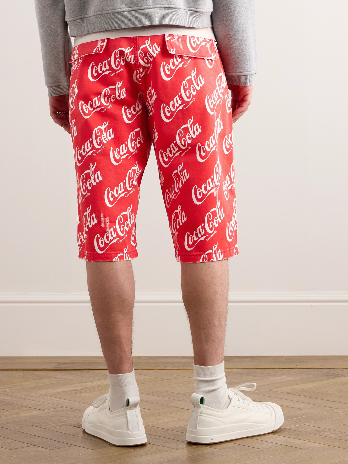 Shop Erl Coca-cola Straight-leg Distressed Printed Cotton-canvas Shorts In Red