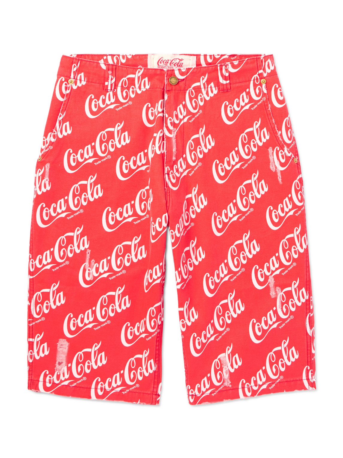 Shop Erl Coca-cola Straight-leg Distressed Printed Cotton-canvas Shorts In Red