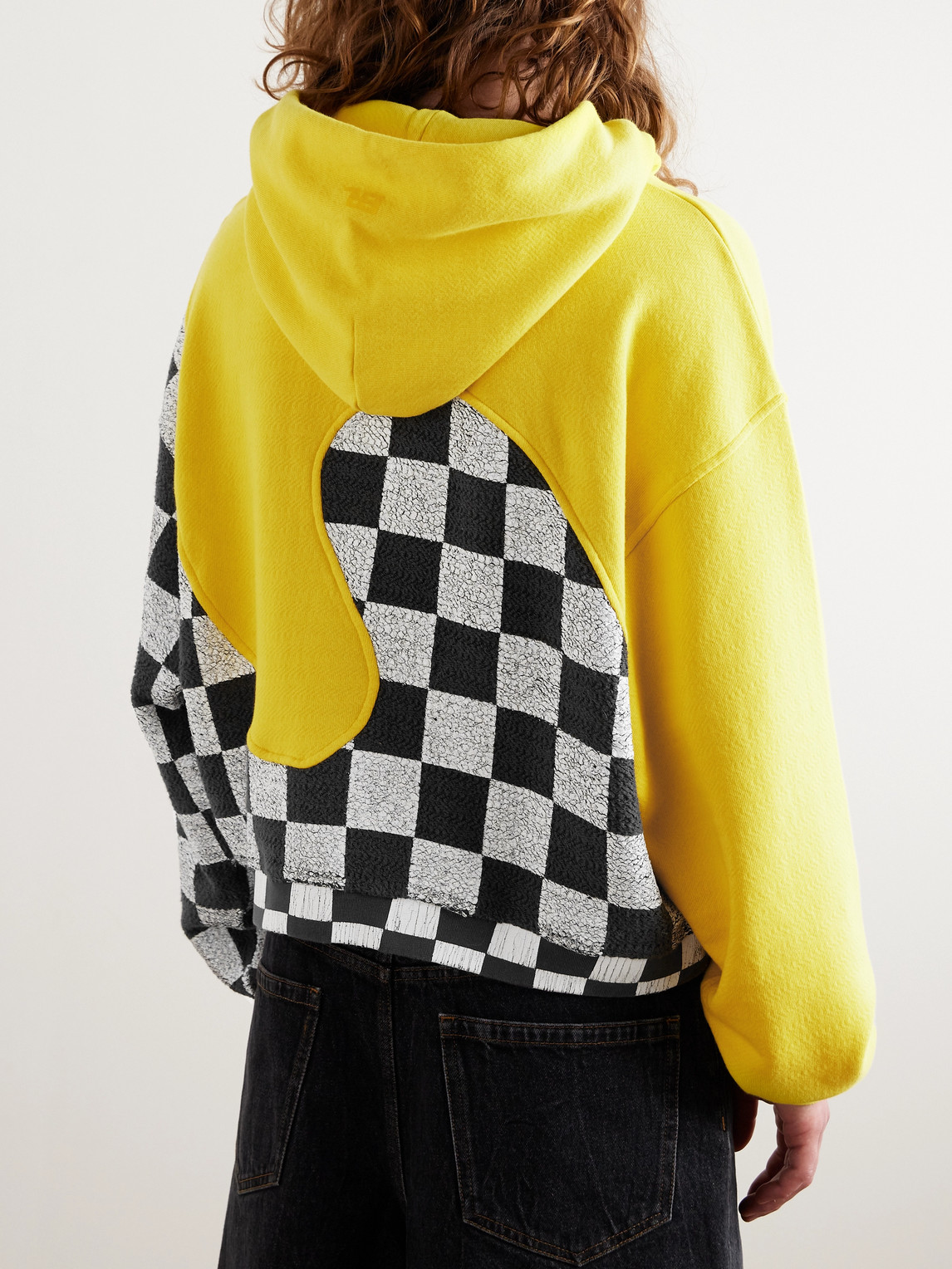 Shop Erl Panelled Checkerboard Cotton-jersey Hoodie In Yellow