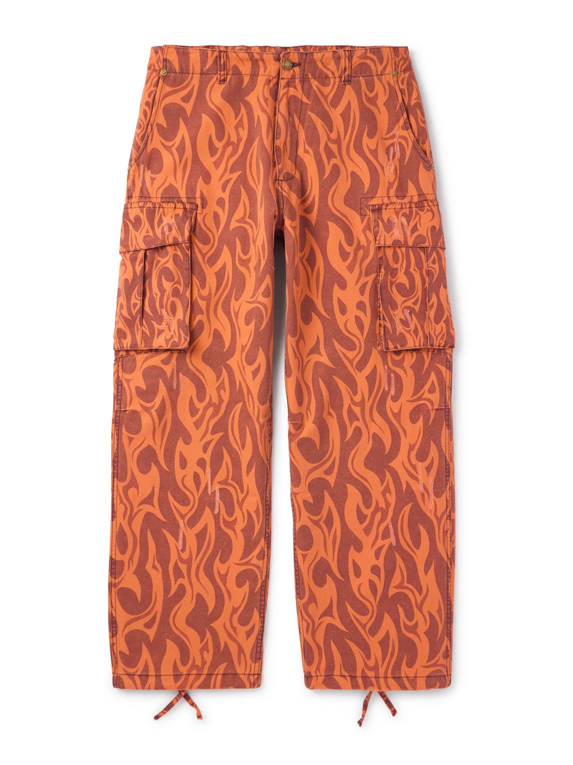 Shop Erl Straight-leg Distressed Printed Cotton-canvas Cargo Trousers In Orange