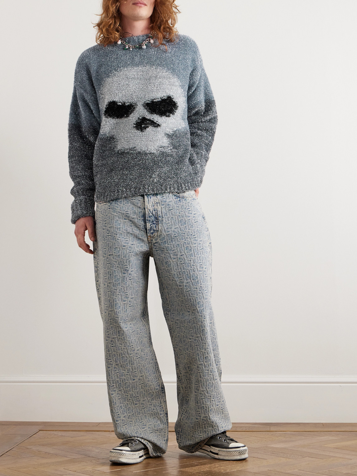 Shop Erl Metallic Intarsia-knit Sweater In Silver
