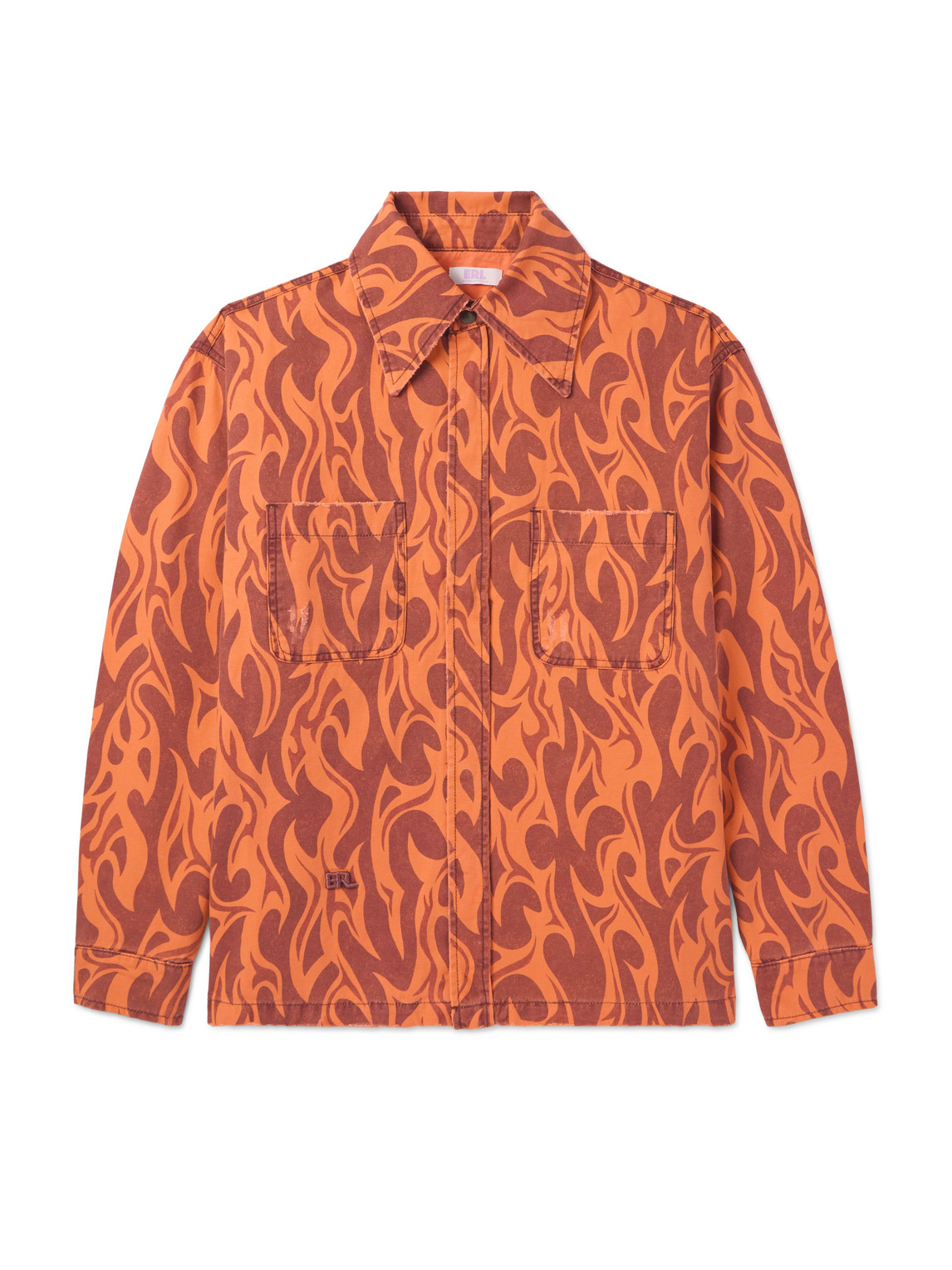 Erl Logo-embroidered Distressed Printed Cotton-canvas Jacket In Orange