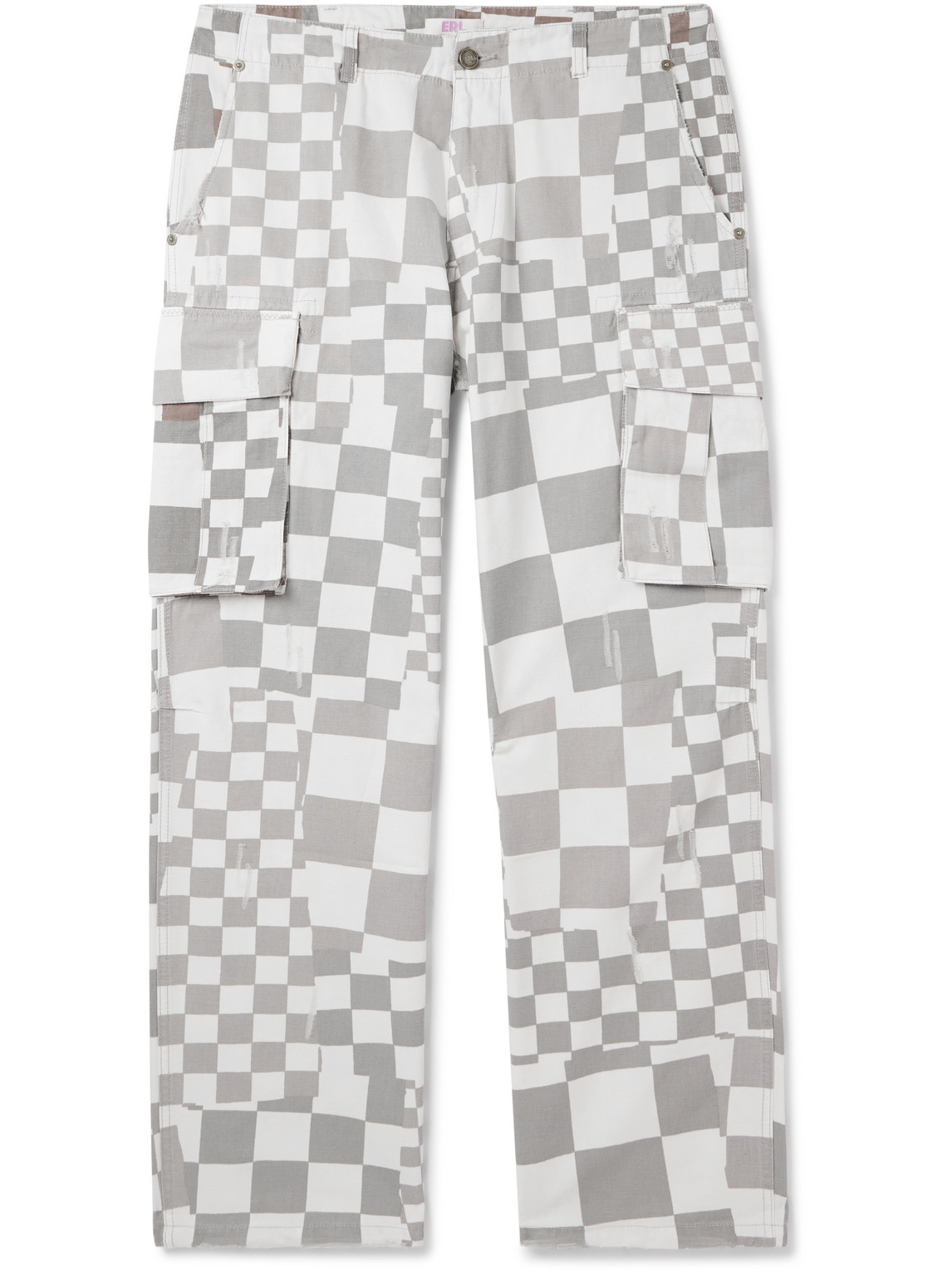 Erl Straight-leg Distressed Checked Cotton-canvas Cargo Trousers In Gray