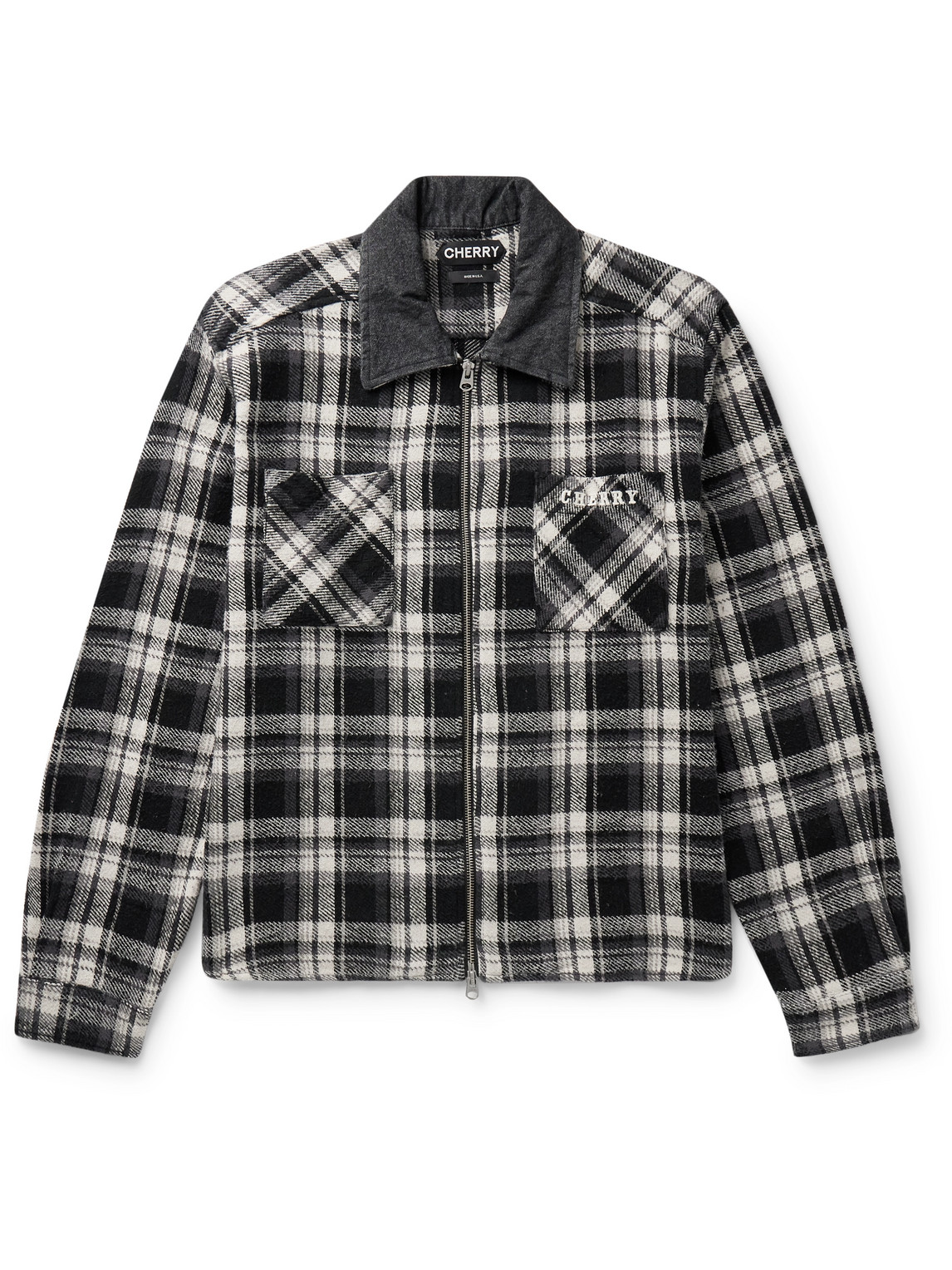 Chambray-Trimmed Logo-Embroidered Checked Cotton-Flannel Shirt Jacket