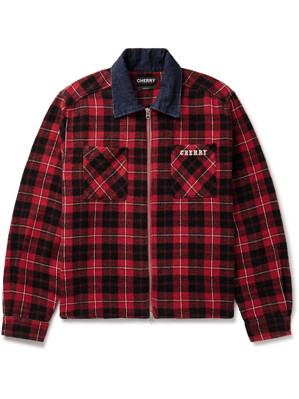 Cherry Los Angeles Chambray-trimmed Logo-embroidered Checked Cotton-flannel Shirt Jacket In Red