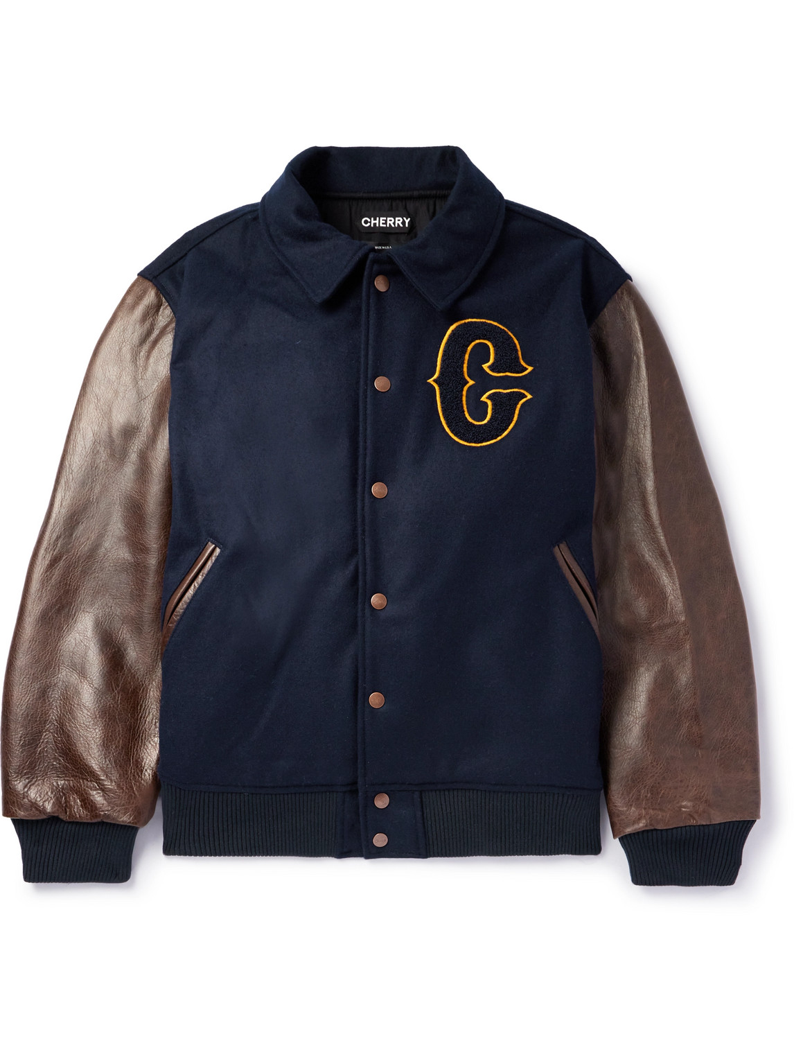 Cherry Los Angeles Rach Wear Appliqued Wool And Leather Varsity Jacket In Blue